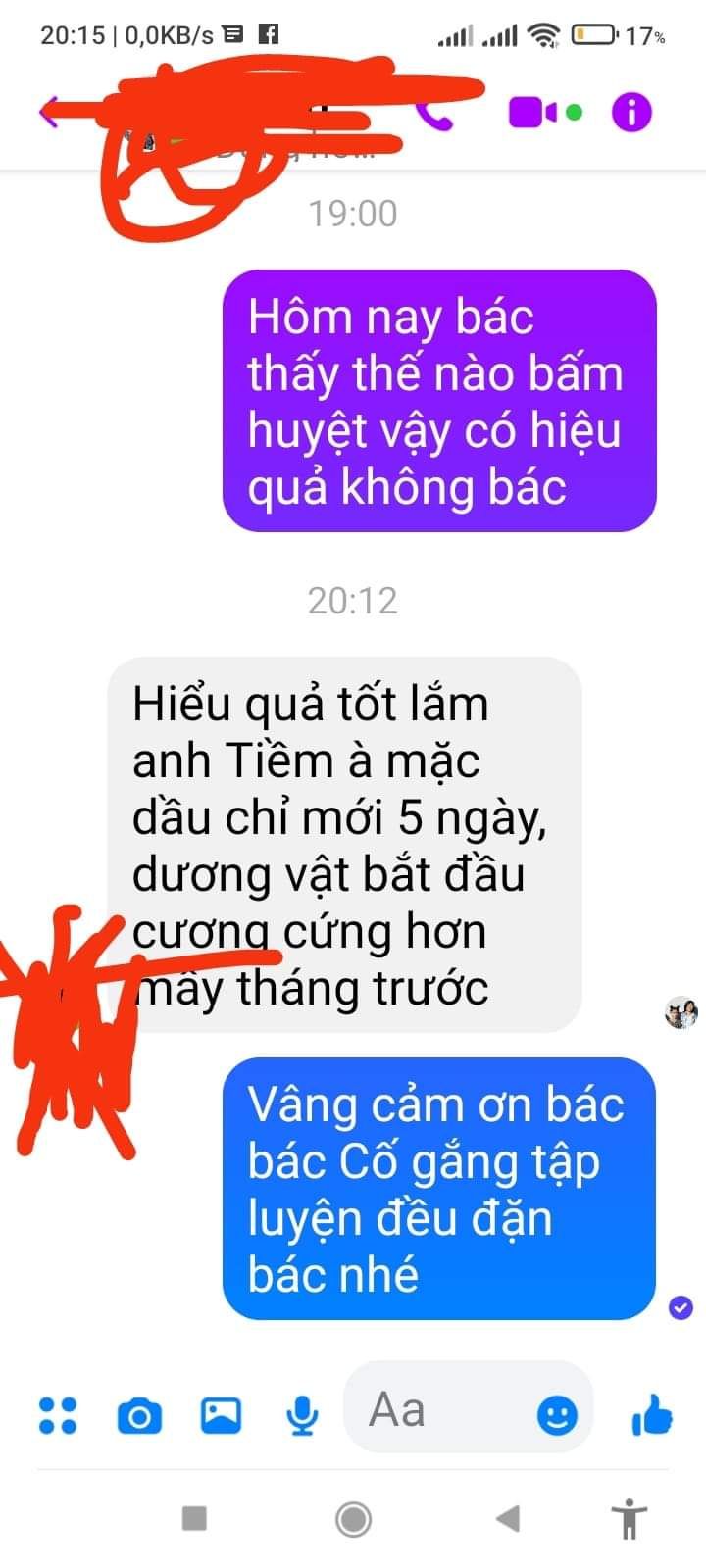 Ảnh chụp màn hình kết quả hướng dẫn bấm huyệt từ xa cho một trường hợp tại California (Mỹ), cải thiện rõ rệt sau 5 ngày